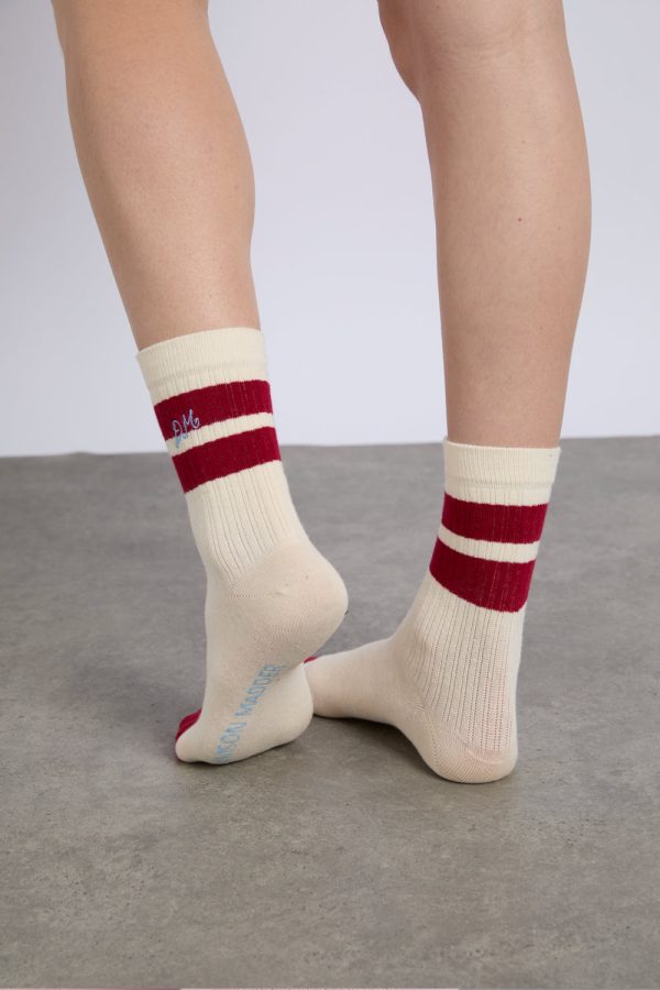 sporty calf length socks in cream and red - Image 3